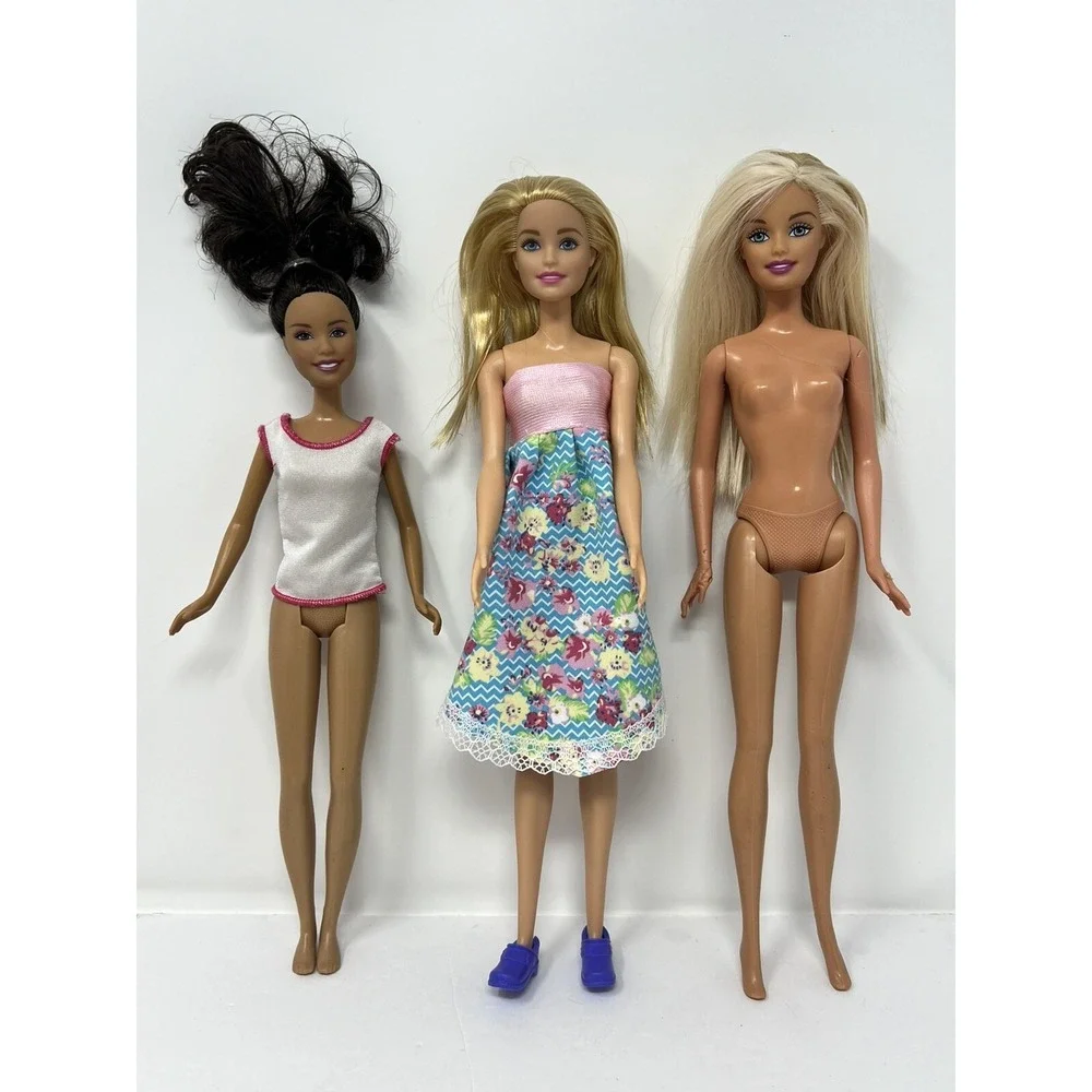 Barbie Doll Lot Of 3 Nude Blonde Hair, Pink Blue Dress, Brunette in white Shirt